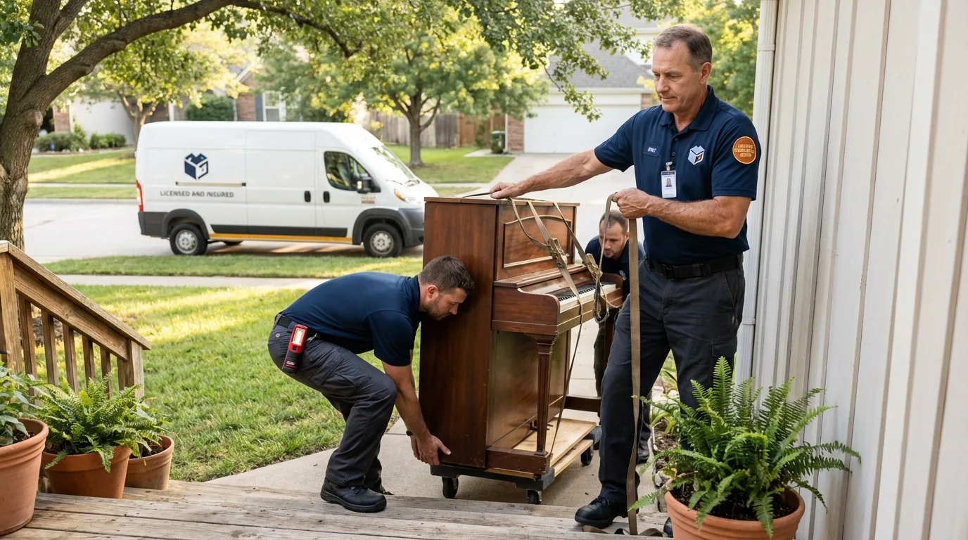 Licensed piano movers securing grand piano in Choteau, MT