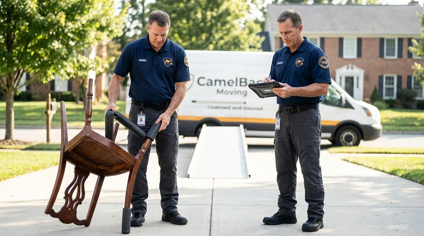 Movers inspecting furniture for damage prevention before loading in Choteau, MT